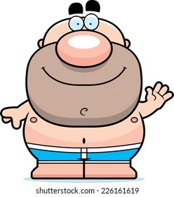 A cartoon illustration of a man in a swimsuit waving.