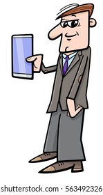 Cartoon Illustration of Man with Tablet or Smart Phone Phablet