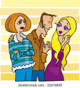 cartoon illustration of man talking to cute blonde girl and his jealous wife