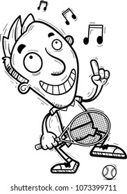A cartoon illustration of a man tennis player dancing.