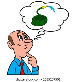 A cartoon illustration of a man thinking about a Garden Water Hose.