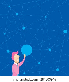Cartoon illustration of man thinking and connecting dots on complex network