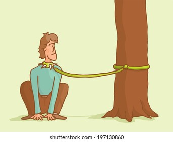 Cartoon illustration of a man tied to a tree like a dog