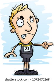 A cartoon illustration of a man track and field athlete looking angry and pointing.