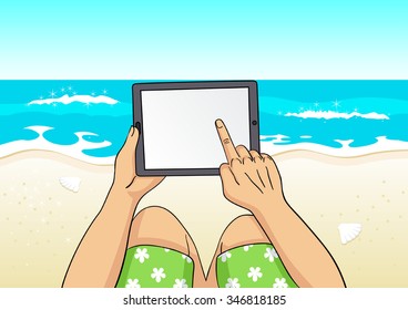 Cartoon illustration of a man using computer tablet on the beach