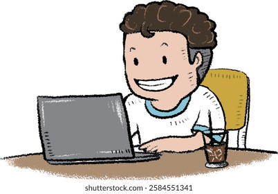 Cartoon illustration of a man using a laptop while drinking coffee in a cafe
