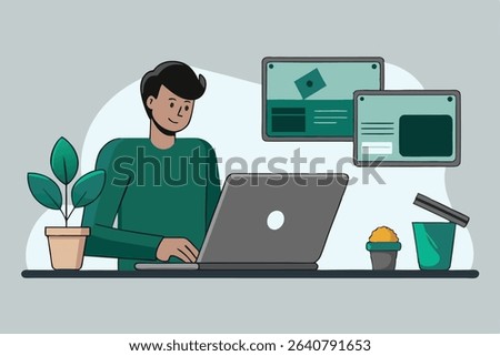 Cartoon illustration of a man using a laptop, with a potted plant, digital screens, and a trash can on a desk.