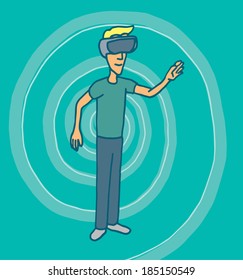 Cartoon illustration of a man in a virtual reality session with goggles headset