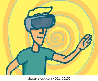 Cartoon illustration of a man in a virtual reality session with goggles headset