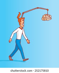 Cartoon illustration of man walking and chasing his on brain procrastination