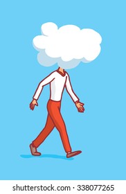 Cartoon illustration of man walking with clouded mind