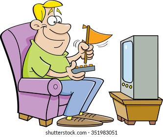 Cartoon illustration of a man watching television and holding a pennant.