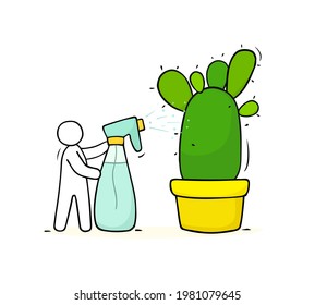 Cartoon illustration - of man watering a plant. Doodle cute concept about gardening. Vector illustrations with cactus.