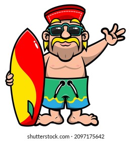 Cartoon Illustration Of Man Wearing Cap, Sunglasses, And Men's Swim Trunks, Holding A Surfboard While Greeting, Best For Mascot, Logo, And Sticker For Surf Clothing Store