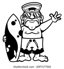 Cartoon Illustration Of Man Wearing Cap, Sunglasses, And Men's Swim Trunks, Holding A Surfboard While Greeting, Best For Tattoo And Coloring Book With Summer Vacation Themes