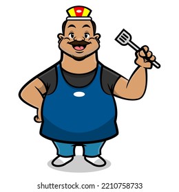 Cartoon illustration of A Man wearing cap and apron while holding a spatula. Best for sticker, logo, and mascot with culinary small business or street food business themes
