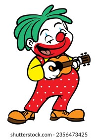 Cartoon illustration of A Man wearing clown costume singing and playing guitar at the carnival. Best for mascot, logo, and sticker with circus themes for kids
