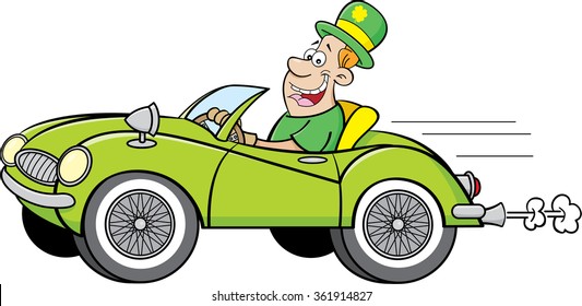 Cartoon illustration of a man wearing a derby and driving a sports car.