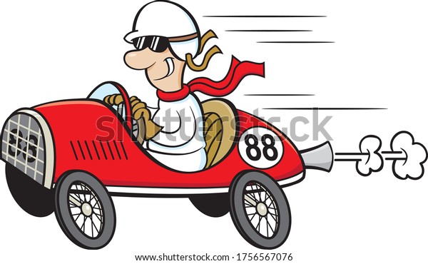 Cartoon illustration of a man wearing a helmet and\
goggles driving a race\
car.