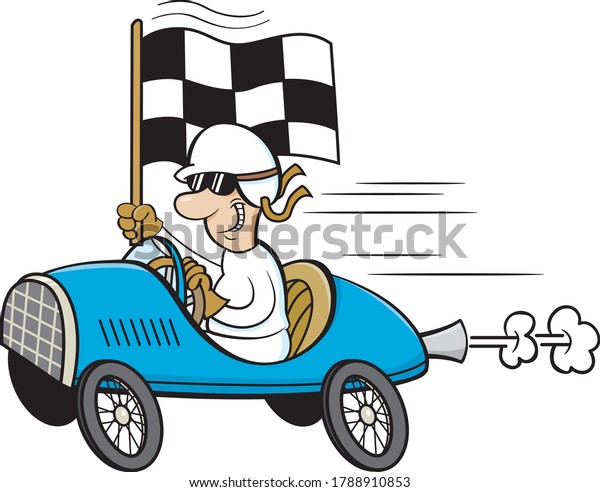 Cartoon illustration of\
a man wearing a helmet and goggles driving a race car and waving a\
checkered flag.