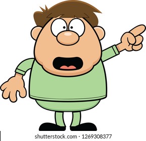 Cartoon illustration of a man wearing hospital orderly scrubs, pointing. 