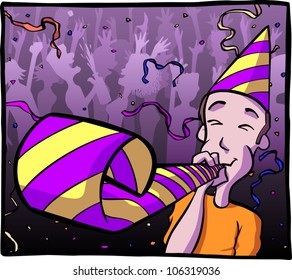 Cartoon Illustration Of A Man Wearing A Party Hat, Blowing A Noisemaker At A Crowded Party.