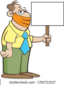 Cartoon illustration of a man wearing a protective mask and holding a sign.