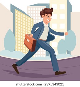 Cartoon illustration of a man wearing a suit and running on the street with a briefcase. Work, hurry, office, business concept illustration 
