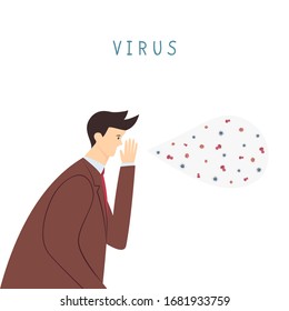 Cartoon illustration of a man who coughs or sneezes. Virus disease, infections, influenza pandemic. Coronavirus 2019 - nCoV China pathogen respiratory infection. Covid - 19 corona virus.
