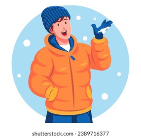 Cartoon illustration of a man in winter clothes holding snowflakes