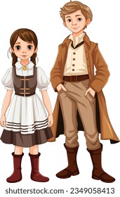 A cartoon illustration of a man and woman dressed in vintage outfits