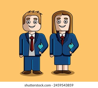 cartoon illustration of a man and a woman with elegant blue executive suit and red tie