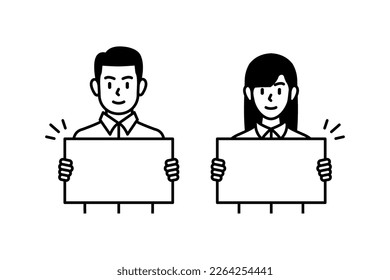 Cartoon illustration of a man and woman holding a board. Illustration for promotion, marketing, campaigns.
