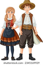 A cartoon illustration of a man and woman wearing traditional German Bavarian clothing