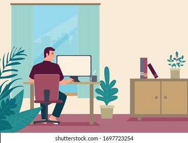 Cartoon illustration of a man working at home. Freelancer working on computer at home. Vector flat style illustration