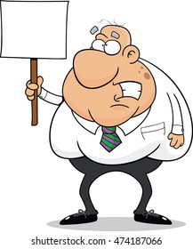 Cartoon illustration of a man with a worried expression, holding a sign. 