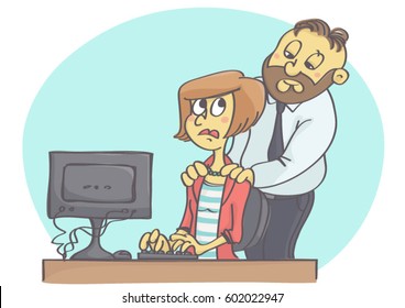 Cartoon illustration of manager or worker harassing female colleague at work