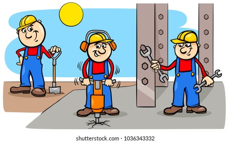 Cartoon Illustration of Manual Workers or Builders Characters Group at Work