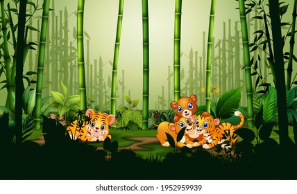 Cartoon illustration of many animal playing in the bamboo forest