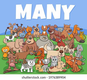 Cartoon illustration of many cats and dogs animal characters group