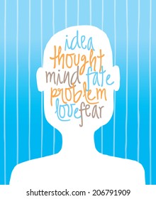 Cartoon illustration of many concepts concerning a human mind