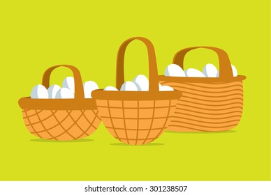 Cartoon illustration of many eggs put in different baskets