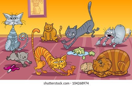 Cartoon Illustration of Many Naughty Cats at Home