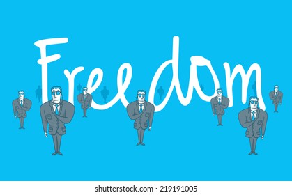 Cartoon illustration of many security guards keeping freedom safe