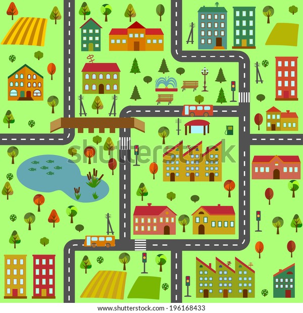 Cartoon illustration of a map of the city with\
different houses road tree lake\
field