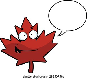 Cartoon illustration of a maple leaf talking with a speech bubble. 