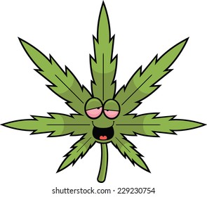 Cartoon illustration of a marijuana leaf with a happy expression. 