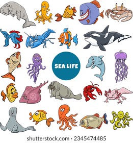 Cartoon illustration of marine animal characters big set