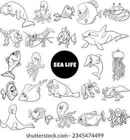 Cartoon illustration of marine animal characters big set coloring page