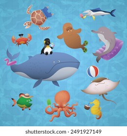 Cartoon illustration of marine animals having fun in pool. Summer fun with colorful ocean creature characters. Octopus whale dolphin seahorse fish stingray walrus sea turtle crab. Flat colors